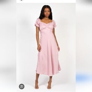 Saints & Secrets Cindy Satin Off The Shoulder Elegant Pink Midi Dress